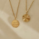 Personalized round gold necklace with ribbed sunburst pattern and space for engraving of text, coordinates or handwriting on the back