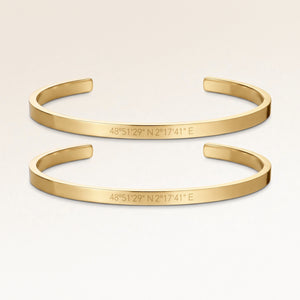 Kæreste-armbånd, par af to bangle armbånd i guld med indgraverede koordinater, fra Mon Chou