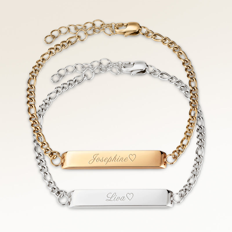 Friendship bracelets, pair of two bar bracelets in gold and silver with personalized engraving, from Mon Chou