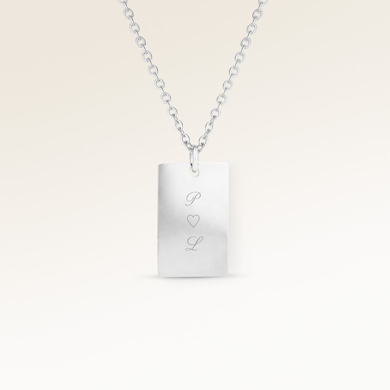 Personalized square silver necklace with space for engraving of text, coordinates or handwriting on the front and back