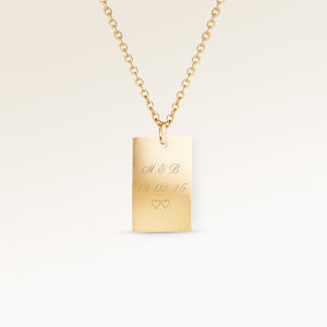 Personalized square gold necklace with space for engraving of text, coordinates or handwriting on the front and back