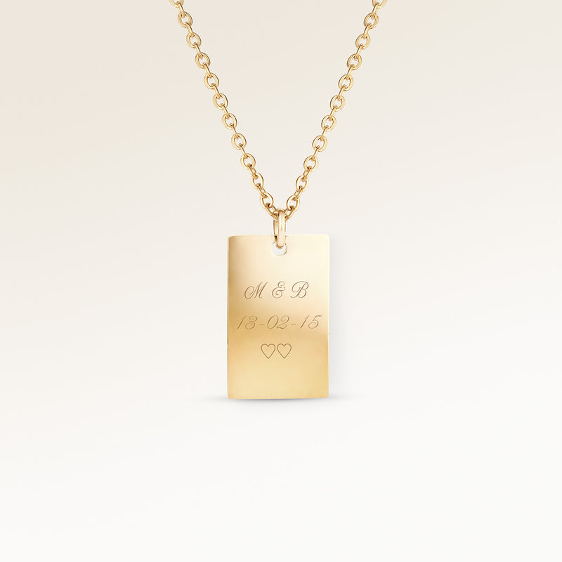 Personalized square gold necklace with space for engraving of text, coordinates or handwriting on the front and back