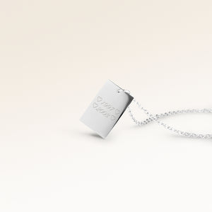 Personalized square silver necklace with space for engraving of text, coordinates or handwriting on the front and back