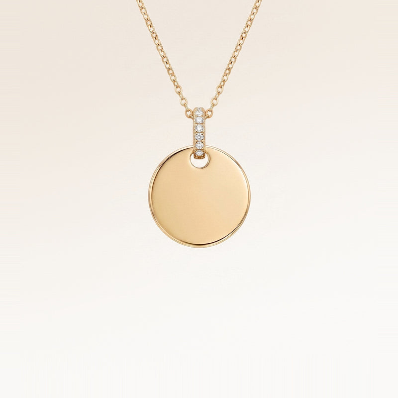 Round gold necklace with white zirconia without engraving – ready for your personal text, coordinates or handwriting on the front and back