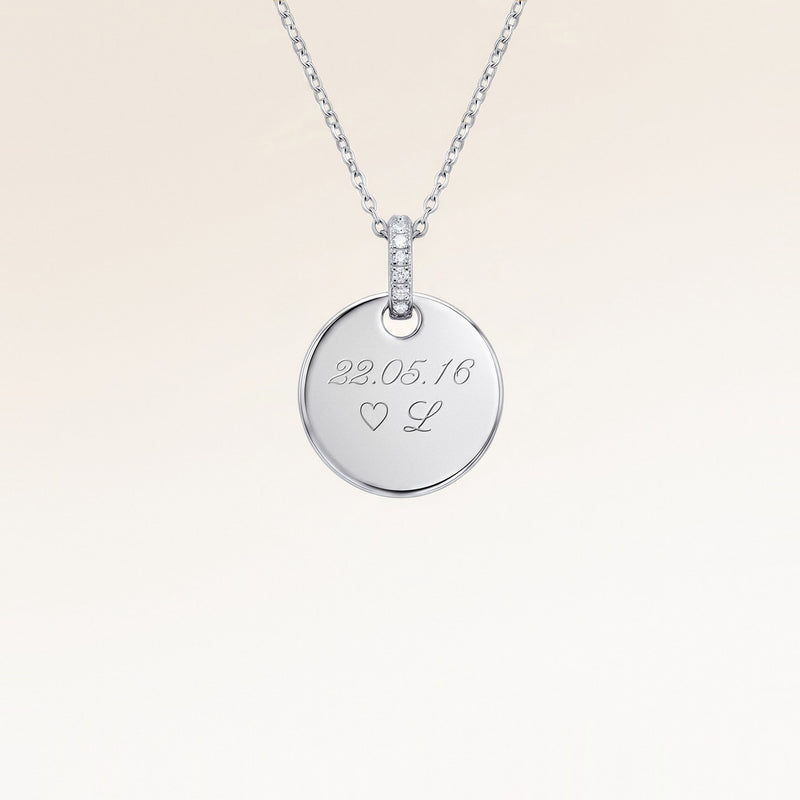 Personalised round silver necklace with white zirconia and engraved date and initial – room for text, coordinates or handwriting on the back