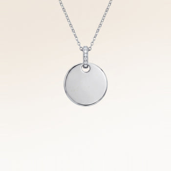 Round silver necklace with white zirconia without engraving – ready for your personal text, coordinates or handwriting on the front and back