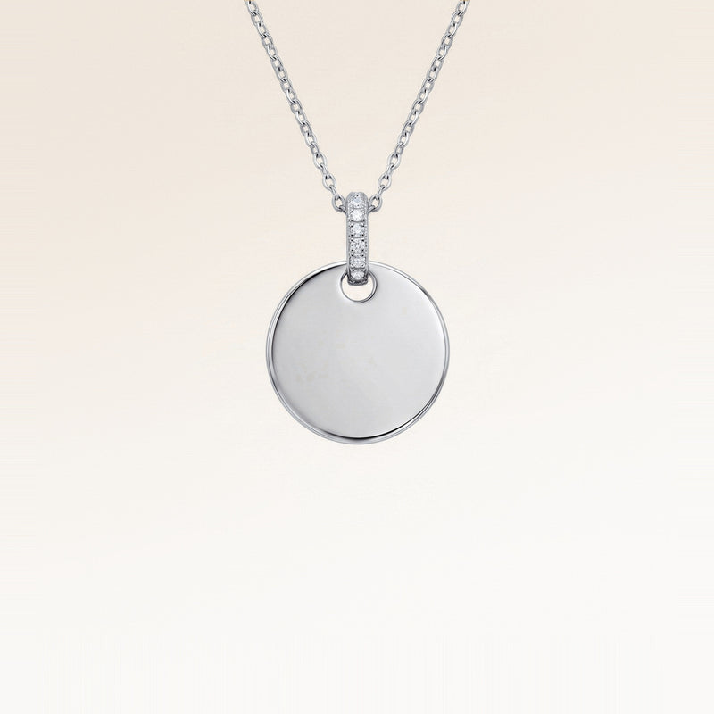 Round silver necklace with white zirconia without engraving – ready for your personal text, coordinates or handwriting on the front and back