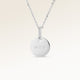 Personalized round silver necklace with white zircons and space for engraving of text, coordinates or handwriting on the front and back