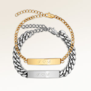 Couples bracelets with 5 mm bar for her and 8 mm bar for him in gold and silver with personalized engraving, from Mon Chou