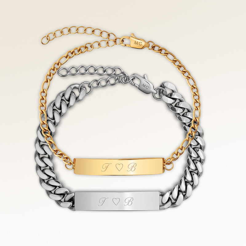 Couples bracelets with 5 mm bar for her and 8 mm bar for him in gold and silver with personalized engraving, from Mon Chou