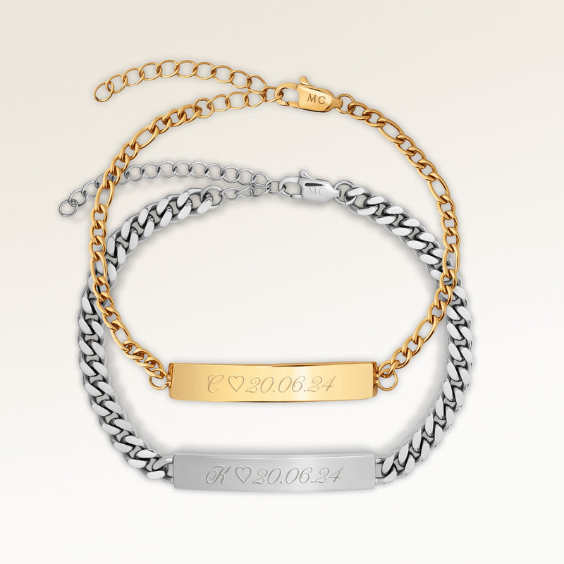 Couples bracelets, pair of two bar bracelets in gold and silver with personalized engraving, from Mon Chou