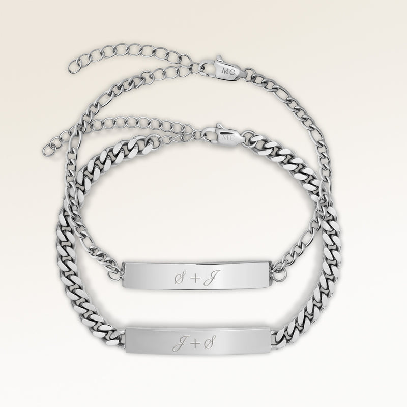 Couples bracelets, pair of two bar bracelets in silver with personalized engraving, from Mon Chou