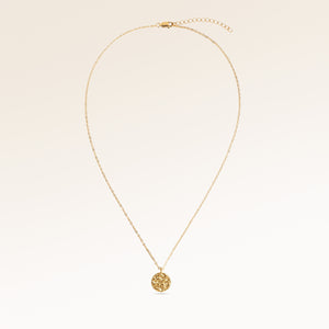 Full round necklace in gold fully laid out with fine adjustable gold chain and minimalist pendant for personalized engraving