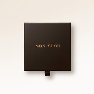 Mon Chou exclusive gift box in dark brown with gold logo, free gift wrapping for personalized necklaces and bracelets with engraving.