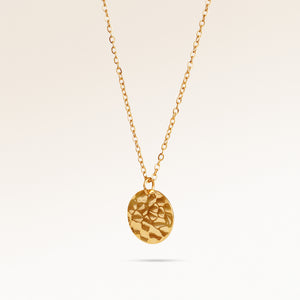 Round gold necklace with rippled wave surface side view, space for engraving on back