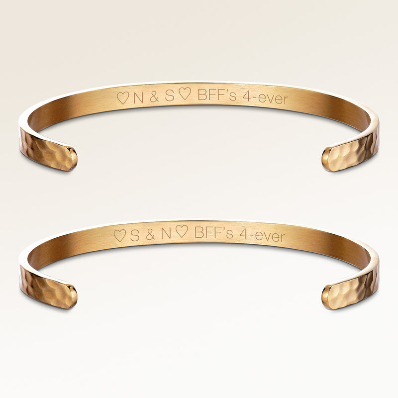 Friendship bracelets, pair of two bangle bracelets in gold with personalized engraving, from Mon Chou