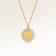 Personalized round gold necklace with white zircons along the edge and space for engraving of 8 characters on one line on the front