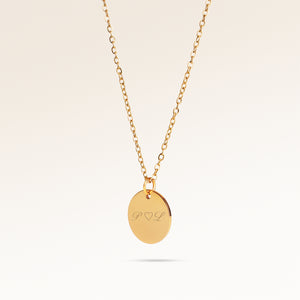 Round gold necklace with smooth surface side view, space for personalized engraving on the front and back