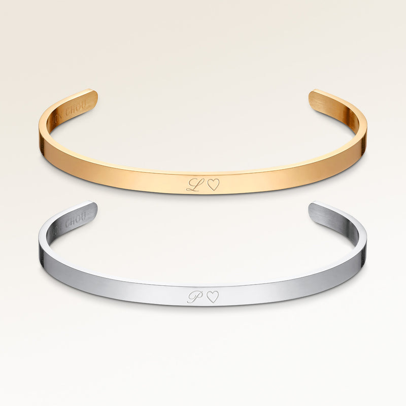 Couples bracelets, pair of two bar bracelets in gold and silver with personalized engraving, from Mon Chou