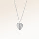 Heart-shaped silver necklace with ribbed sunburst pattern side view, space for engraving on back