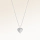 Personalized heart-shaped silver necklace with ribbed sunburst pattern and space for engraving of text, coordinates or handwriting on the back
