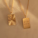 Personalized square gold necklace with ribbed sunburst pattern and space for engraving of text, coordinates or handwriting on the back
